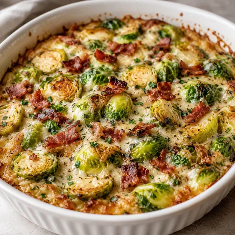 Creamy Brussels sprouts with bacon in a white baking dish