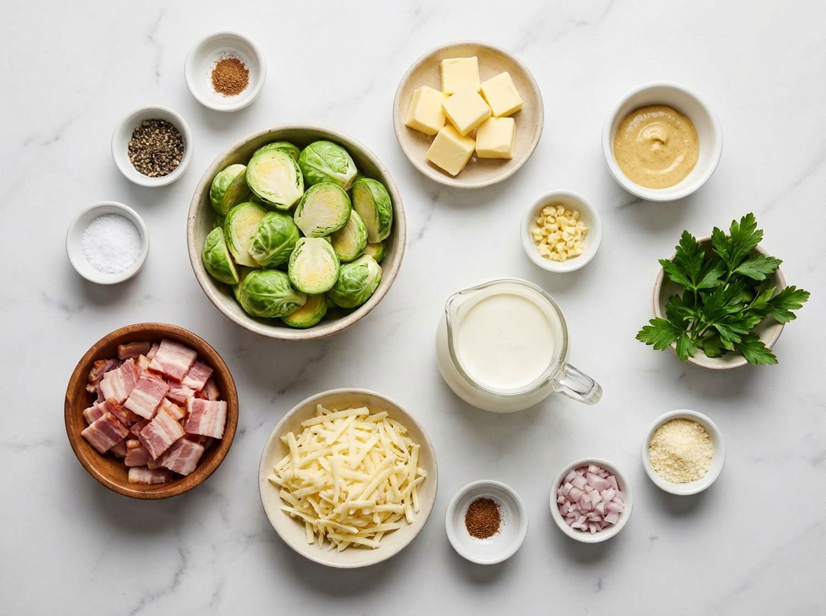Ingredients for creamy Brussels sprouts with bacon on a stone counter