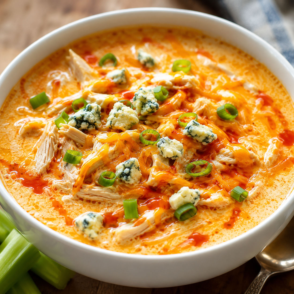 Creamy buffalo chicken soup with cheddar, green onions, and blue cheese