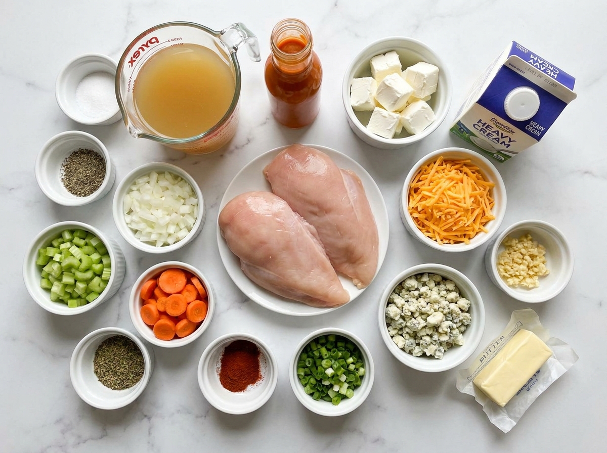 Ingredients for creamy buffalo chicken soup on a light wooden surface