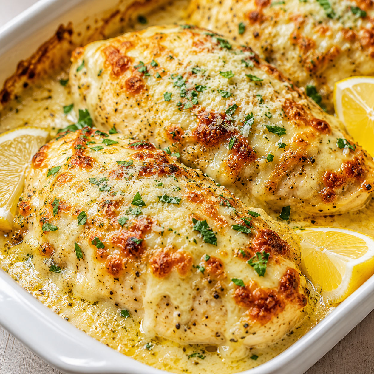 Creamy Caesar chicken with browned cheese and parsley in a baking dish