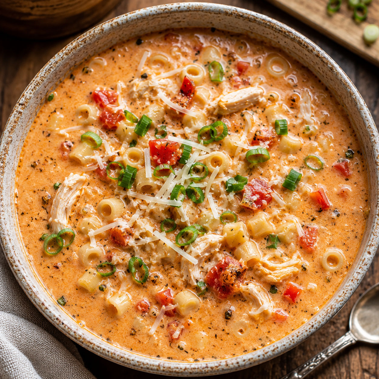 Creamy Cajun chicken pasta soup with ditalini and green onions