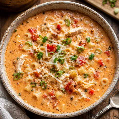 Creamy Cajun chicken pasta soup with ditalini and green onions
