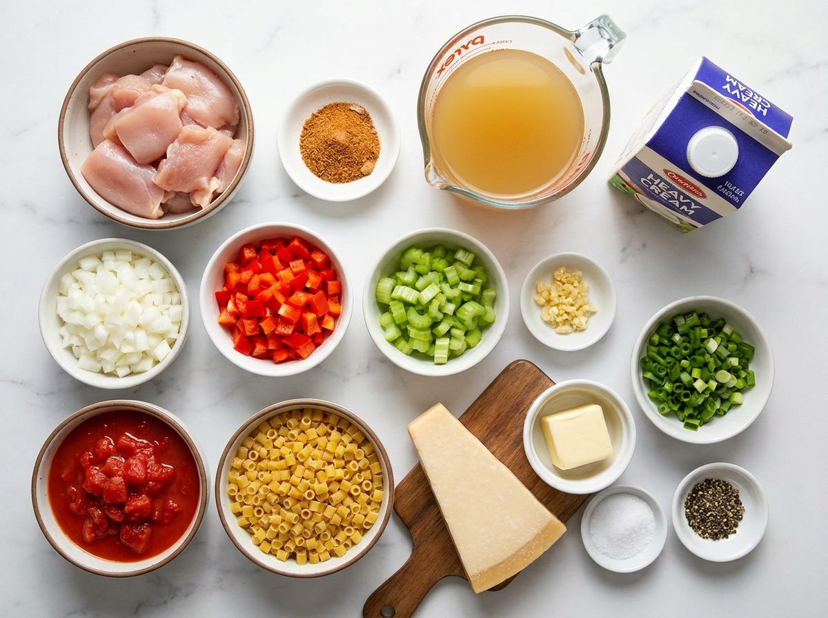 Ingredients for creamy Cajun chicken pasta soup on a wooden surface