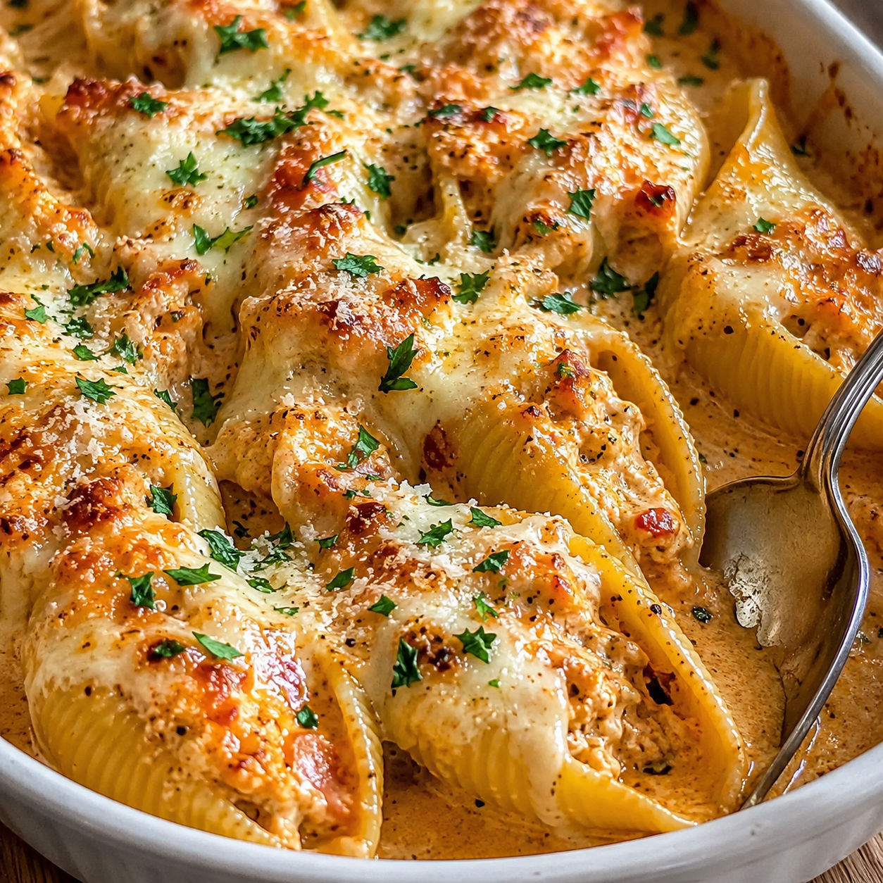 Creamy Cajun chicken stuffed shells with melted cheese and parsley