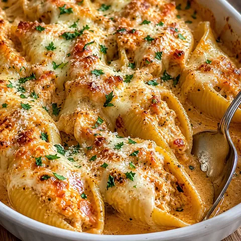 Creamy Cajun chicken stuffed shells with melted cheese and parsley