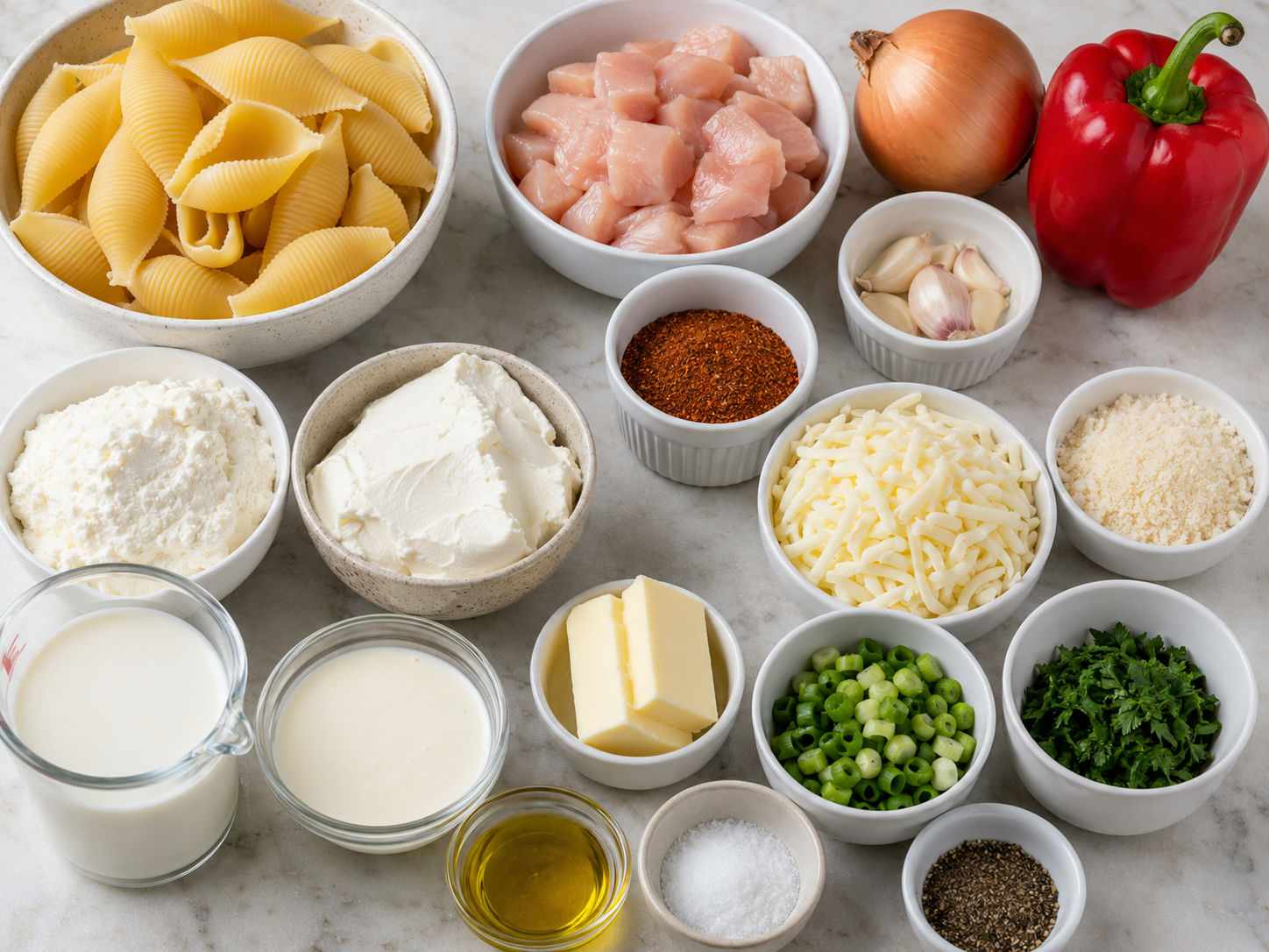 Ingredients for Cajun chicken stuffed shells with pasta and cheeses