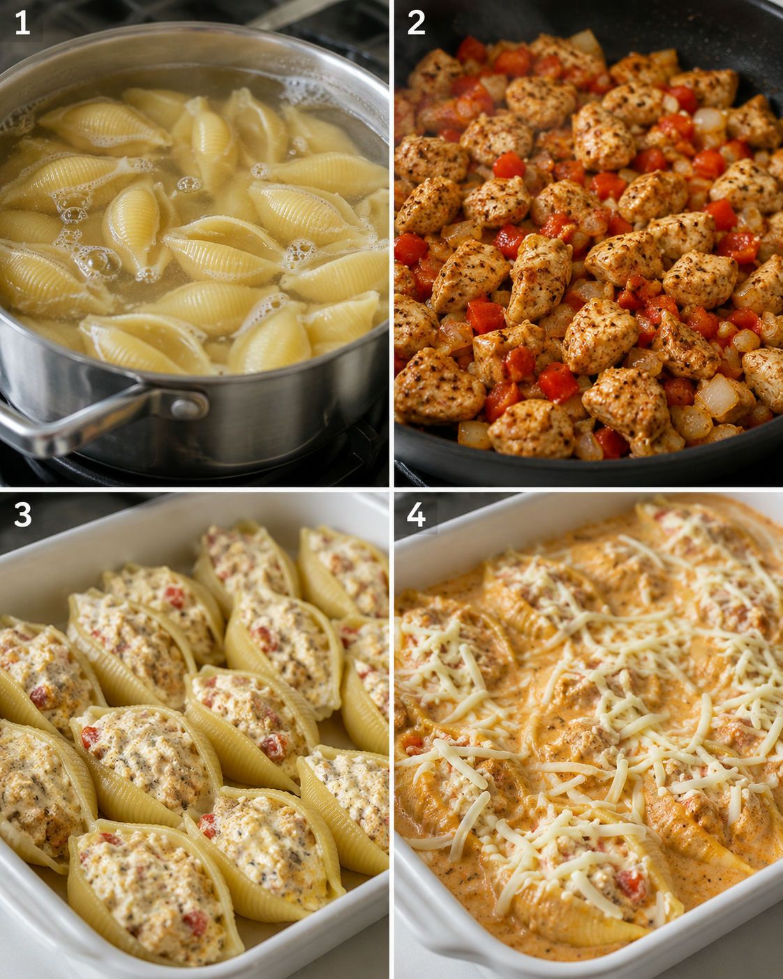 Steps for making Cajun chicken stuffed shells from boiling to baking