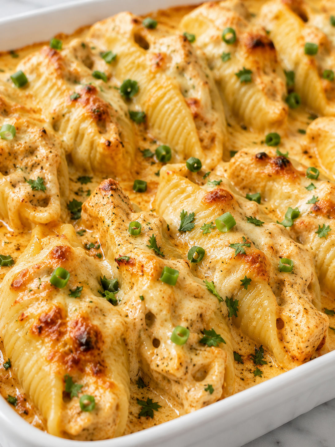 Creamy Cajun chicken stuffed shells with melted cheese in a baking dish