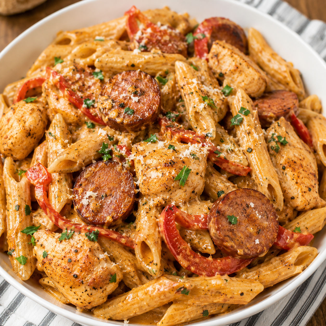 Creamy Cajun chicken and sausage Alfredo pasta with peppers and parsley
