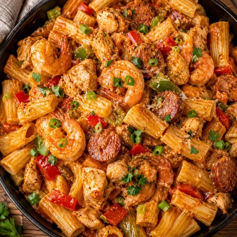 Creamy Cajun jambalaya pasta with shrimp, chicken, sausage, and peppers