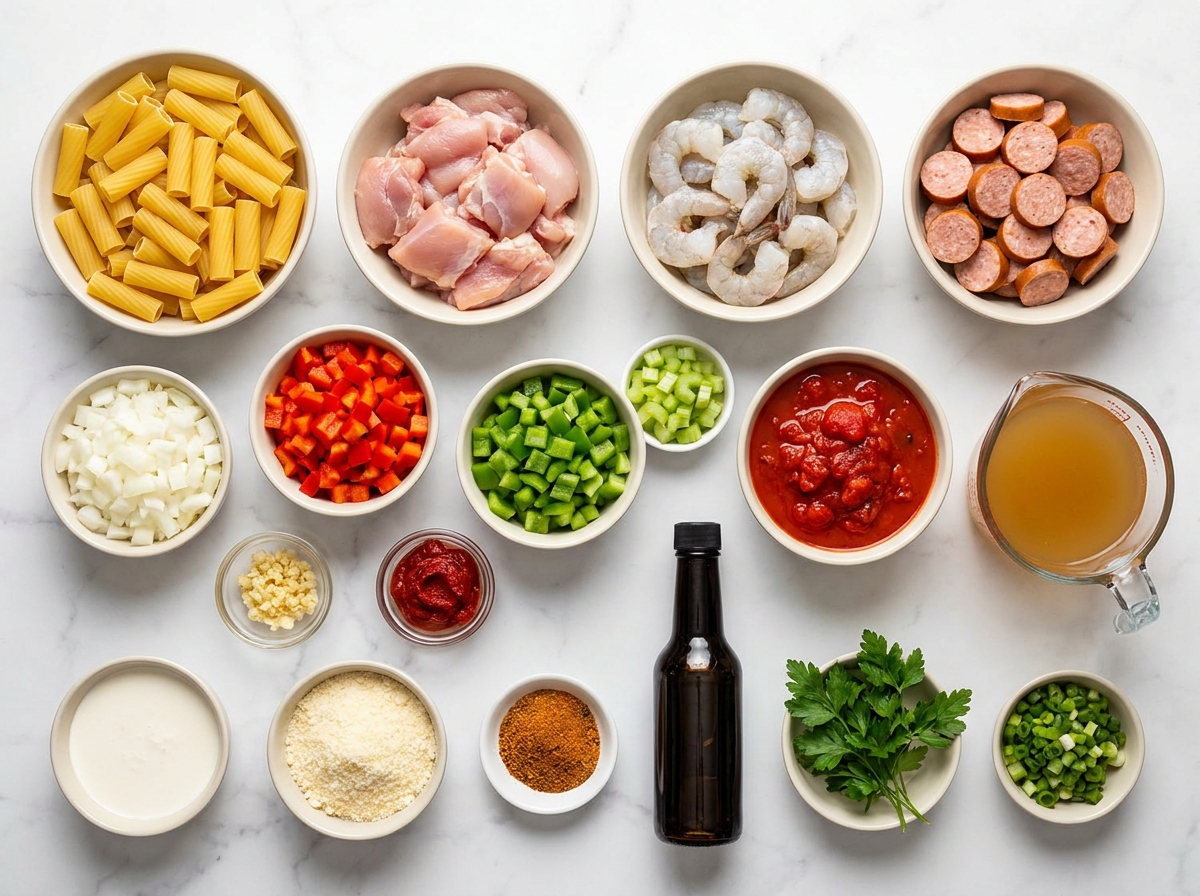 Ingredients for creamy Cajun jambalaya pasta with shrimp and sausage