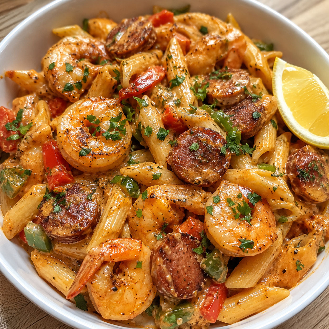 Creamy Cajun shrimp and sausage pasta with peppers and parsley