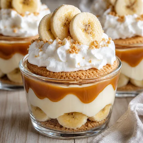 Caramel banana pudding cups with whipped cream, wafers, and banana slices
