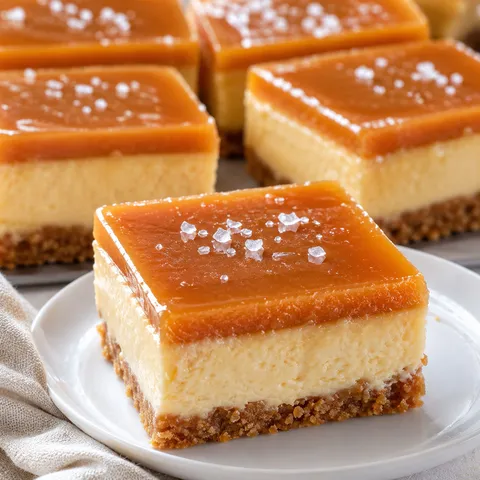 Caramel cheesecake squares with graham crust and glossy caramel topping