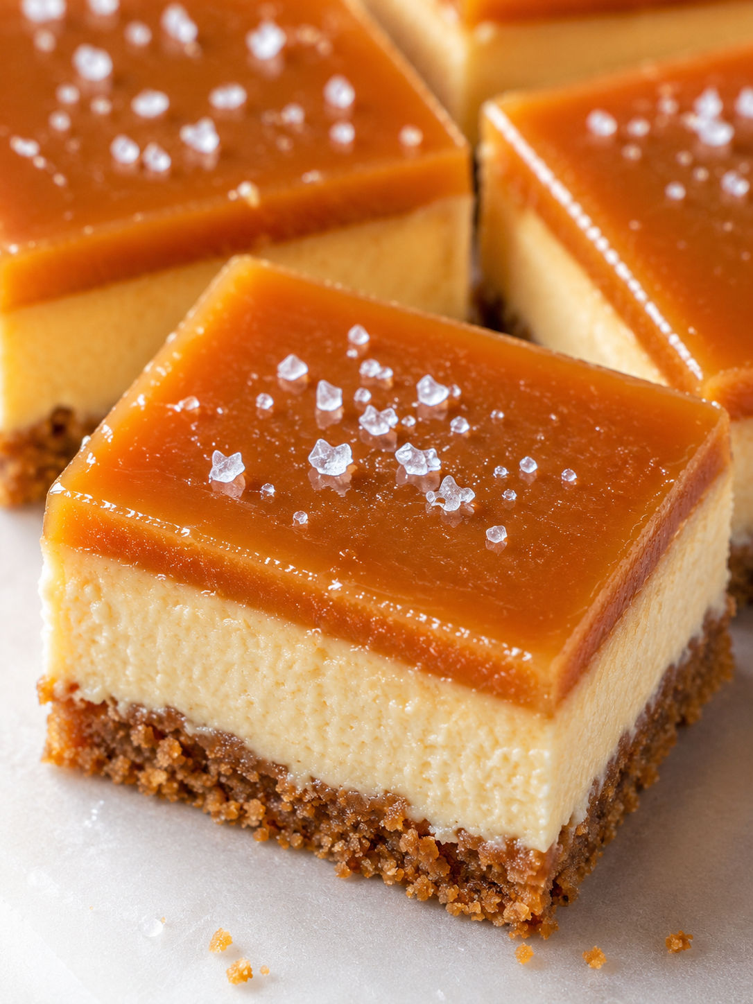 Creamy Caramel Cheesecake Squares, plated and served
