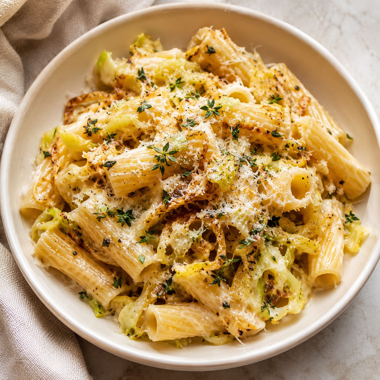 Creamy caramelized cabbage pasta with Parmesan and thyme in a shallow bowl