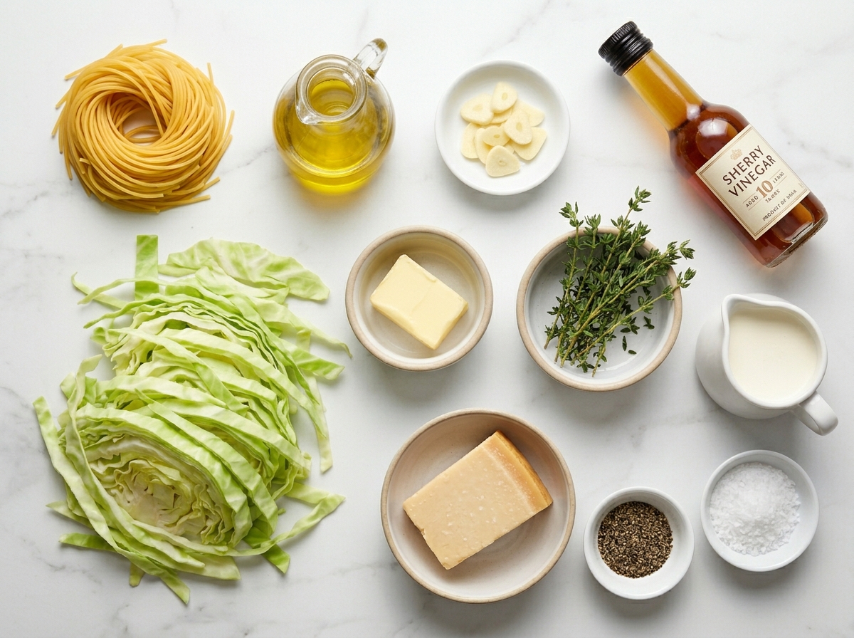 Cabbage, pasta, Parmesan, thyme, cream, garlic, and butter on a stone counter