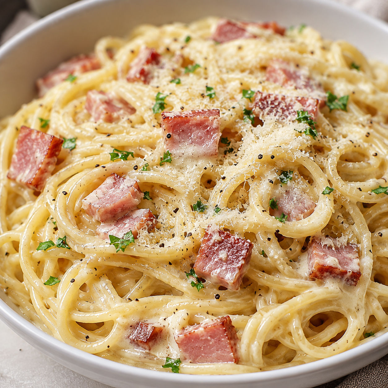 Creamy carbonara with ham, Parmesan, black pepper, and parsley