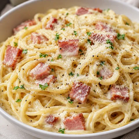 Creamy carbonara with ham, Parmesan, black pepper, and parsley