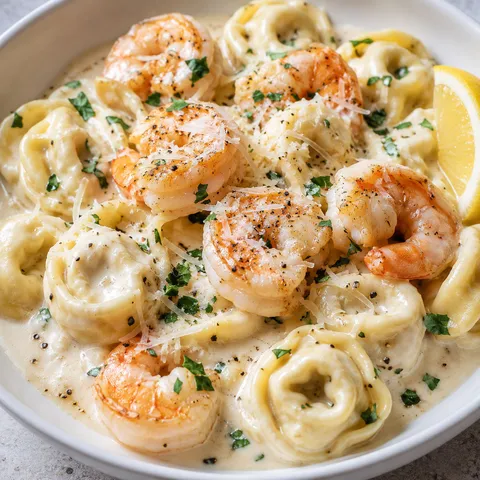Creamy cheese tortellini shrimp Alfredo with parsley and Parmesan
