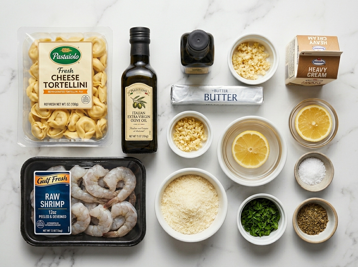 Ingredients for cheese tortellini shrimp Alfredo with cream and Parmesan