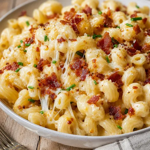 Creamy cheesy bacon cavatappi pasta with chives in a white bowl