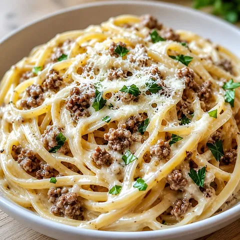 Creamy garlic butter linguine with ground beef, parsley, and Parmesan