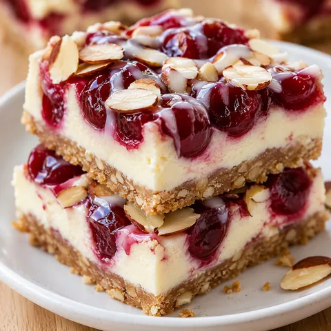 Cherry almond cheesecake bars with glaze and sliced almonds