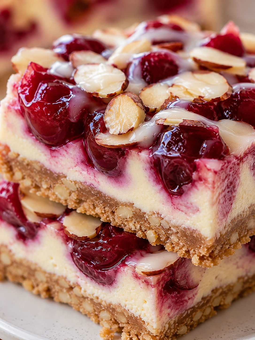 Creamy Cherry Almond Cheesecake Bars, plated and served