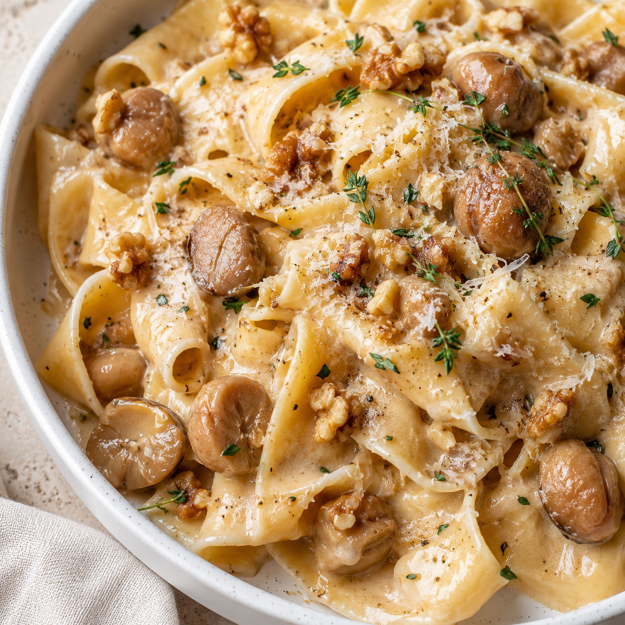 Creamy chestnut pasta with Parmesan, thyme, and toasted walnuts