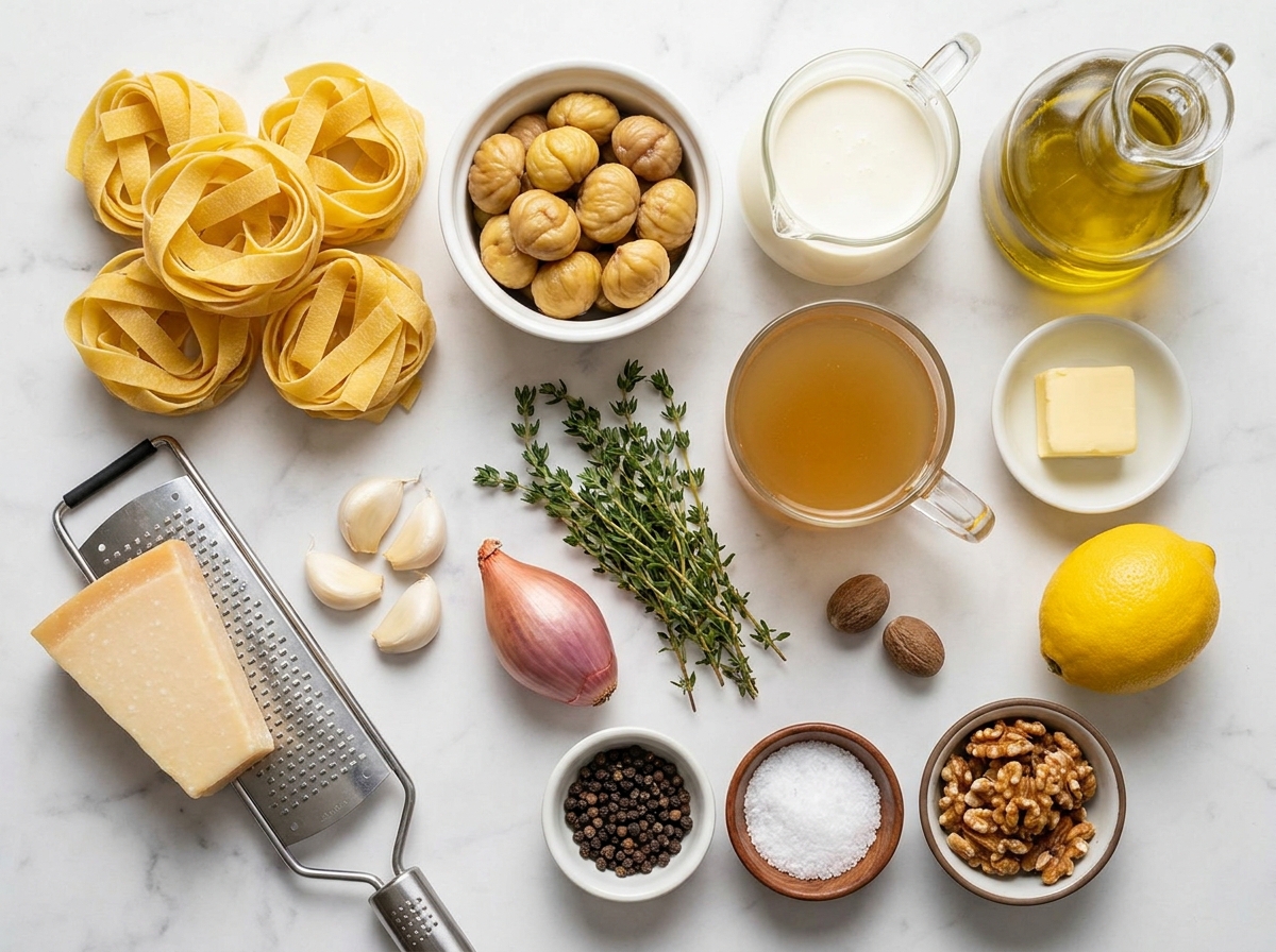 Ingredients for creamy chestnut pasta with Parmesan, garlic, and thyme