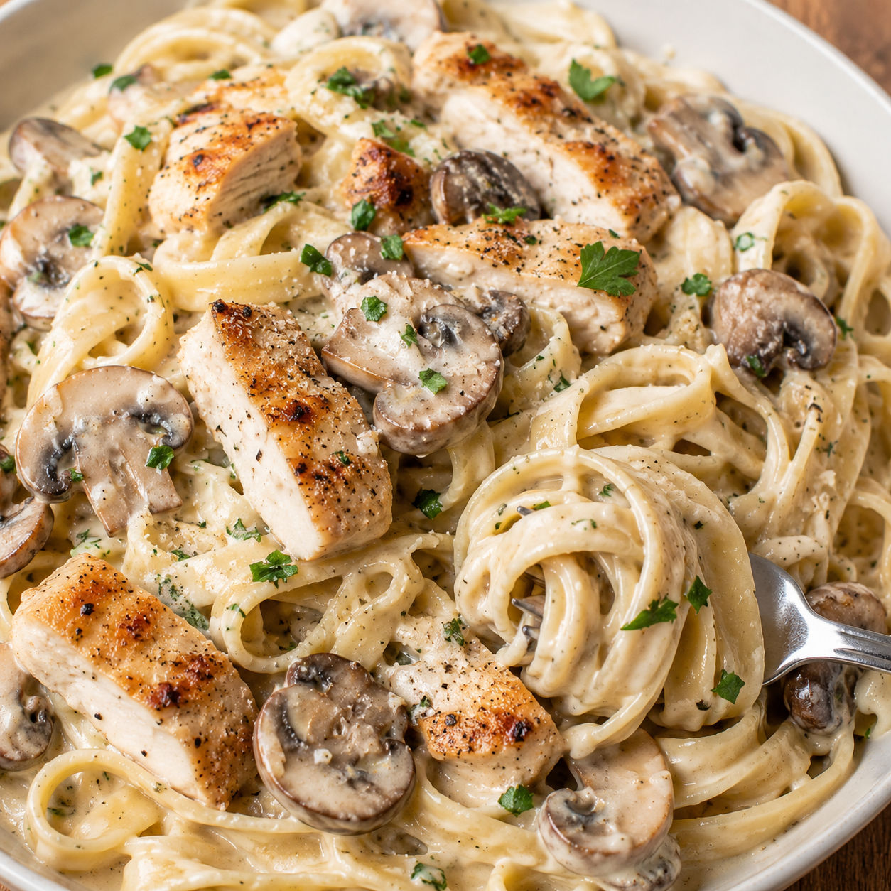 Creamy chicken and mushroom Alfredo pasta with parsley in a shallow bowl