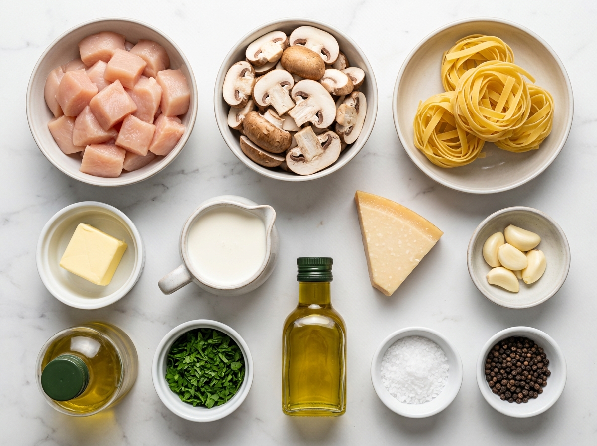 Raw ingredients for creamy chicken and mushroom Alfredo on a marble surface