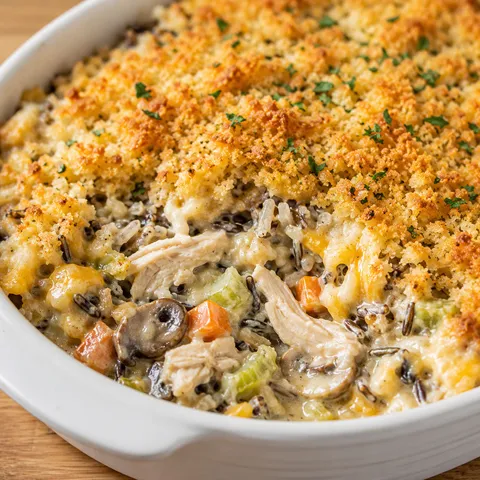 Creamy chicken and wild rice casserole with golden panko topping