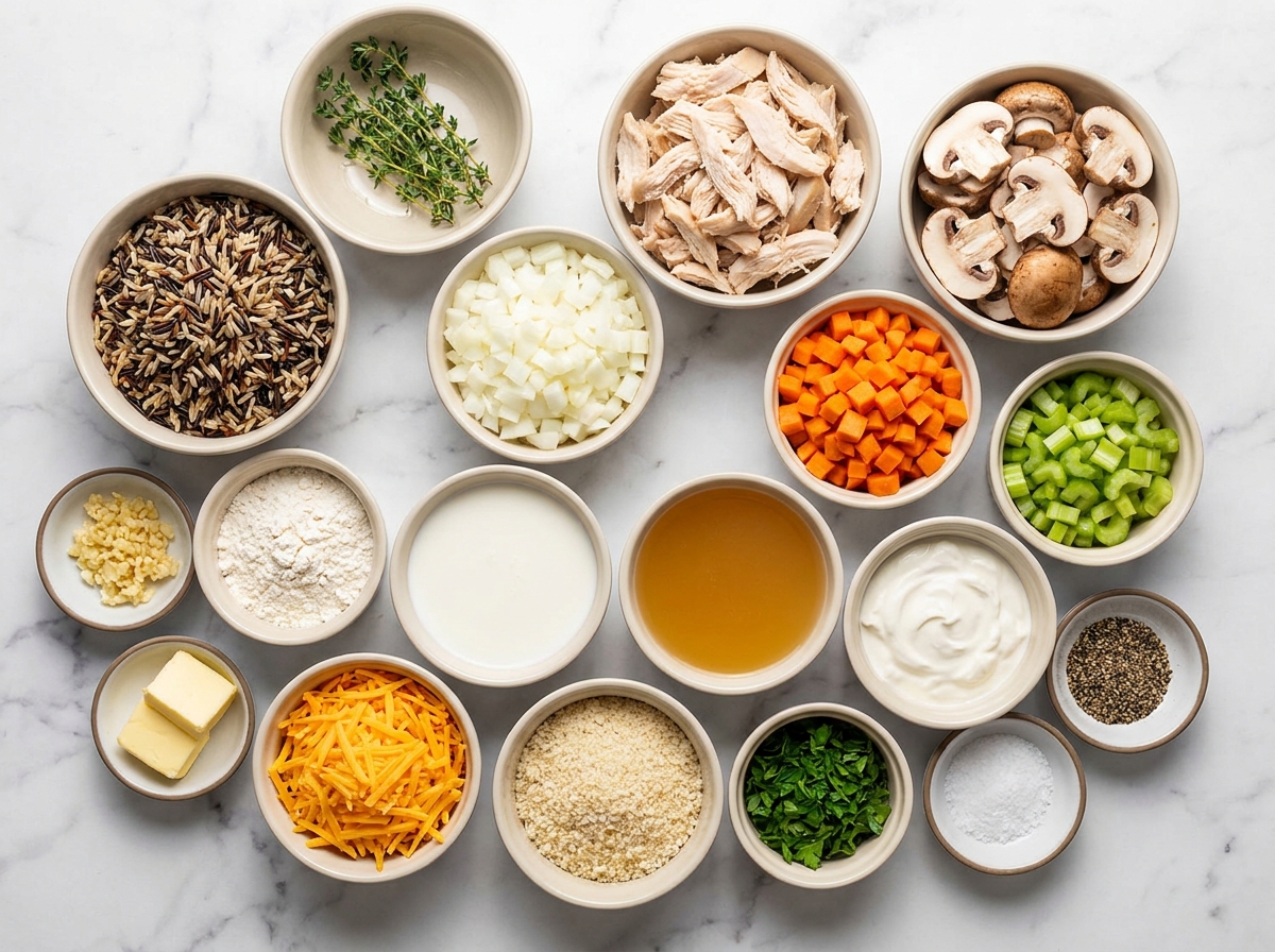 Ingredients for creamy chicken wild rice casserole on a wood surface