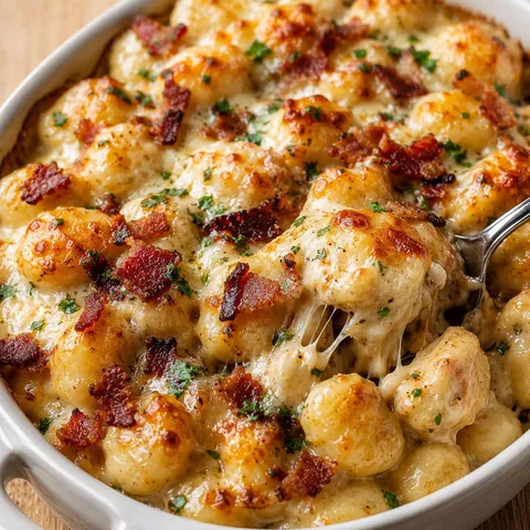 Creamy chicken bacon ranch gnocchi with cheddar, provolone, bacon, and parsley