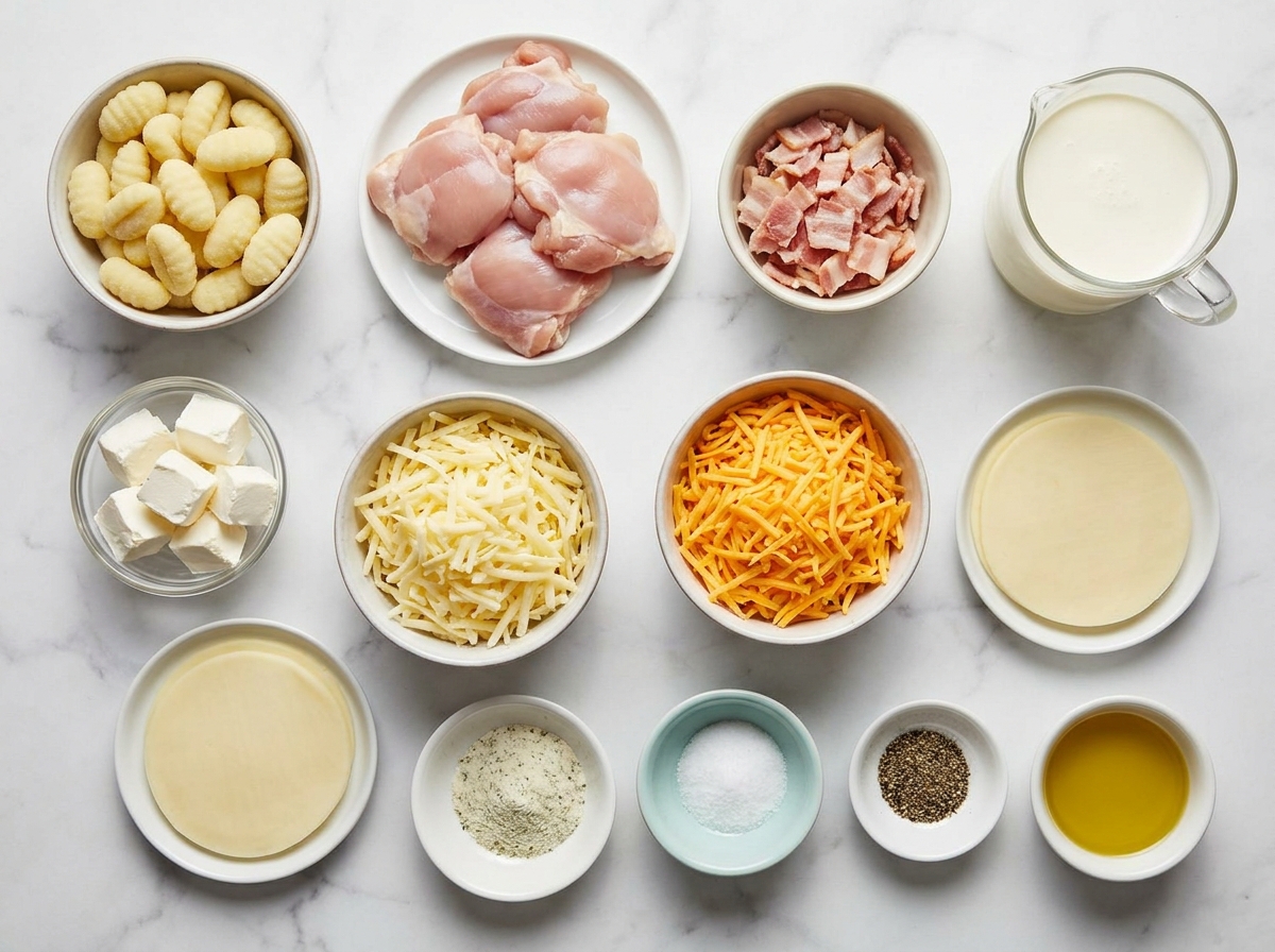 Ingredients for chicken bacon ranch gnocchi with cheddar and provolone