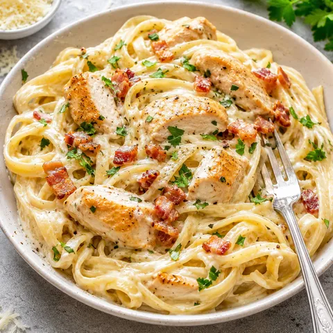 Creamy chicken carbonara with bacon, Parmesan, and parsley in a white bowl