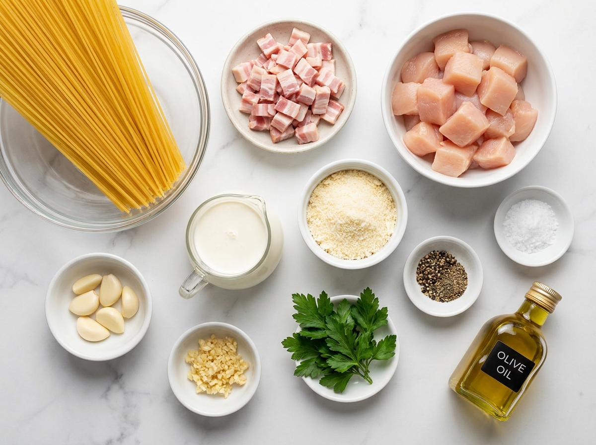Ingredients for creamy chicken carbonara with bacon on a light kitchen surface