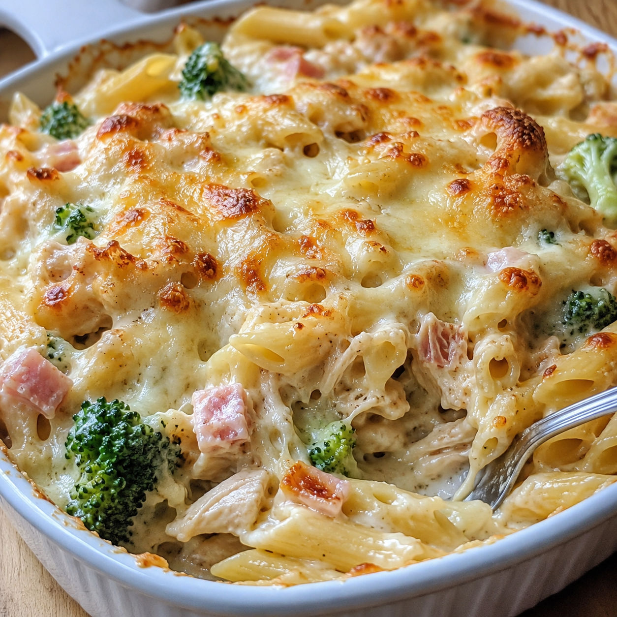 Creamy chicken ham pasta bake with Swiss cheese and broccoli