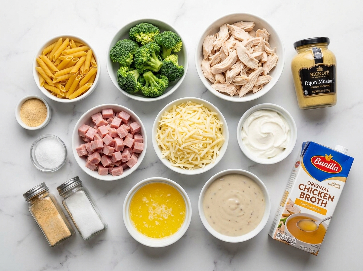 Ingredients for chicken ham pasta bake with Swiss cheese