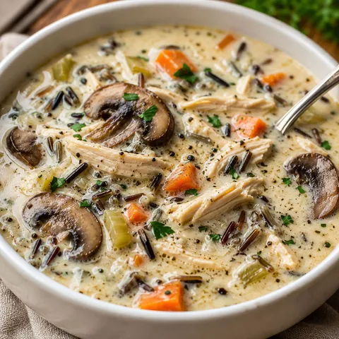 Creamy chicken mushroom wild rice soup with parsley in a white bowl