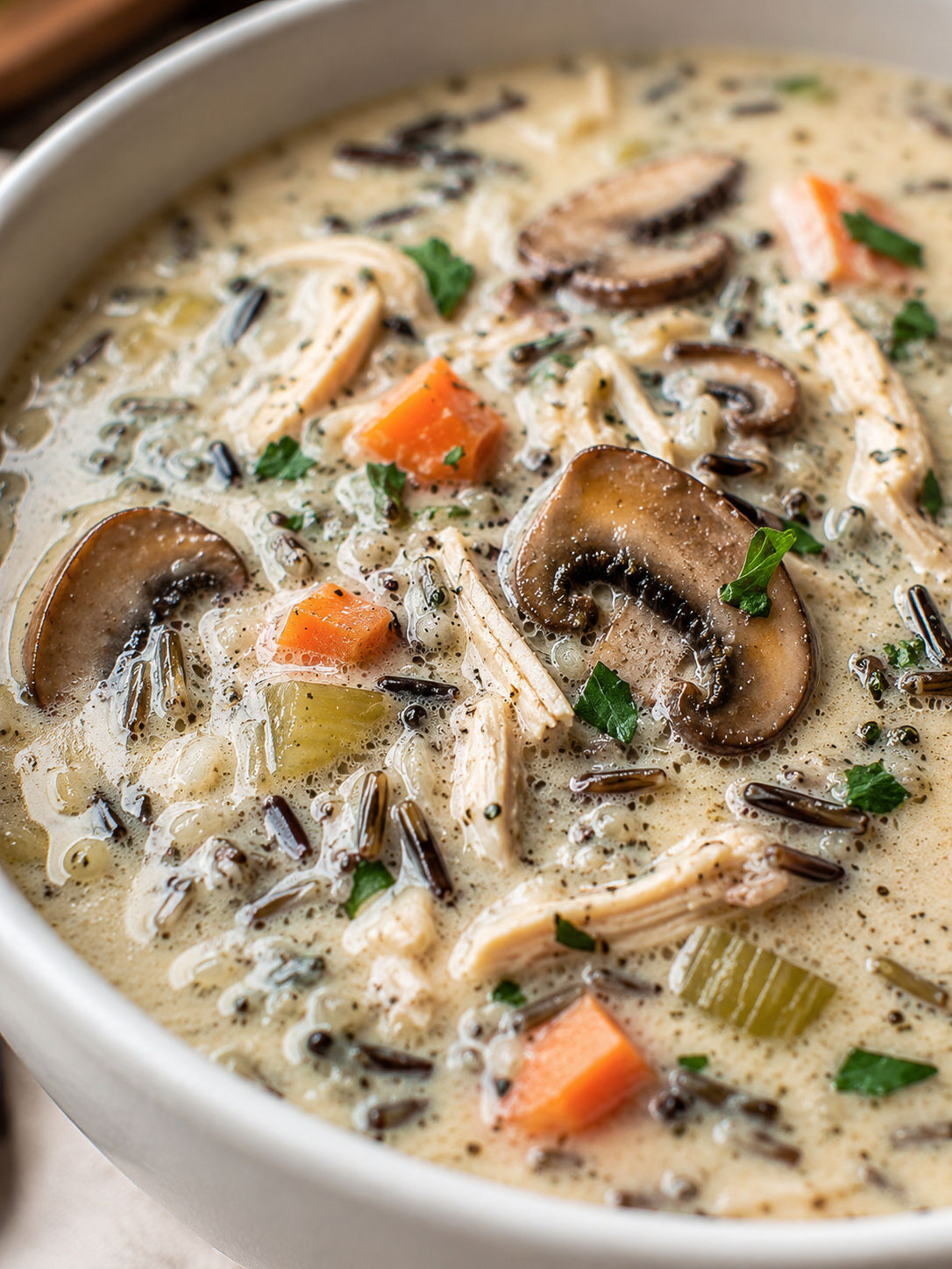 Creamy Chicken Mushroom Wild Rice Soup, plated and served