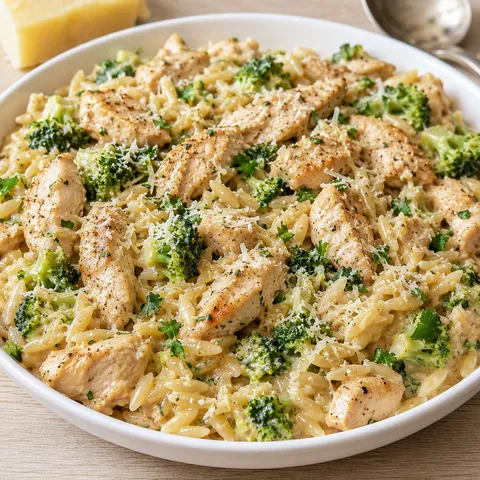 Creamy chicken orzo with broccoli, parsley, and Parmesan in a bowl