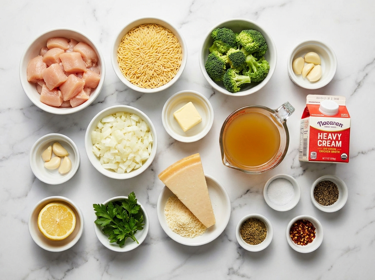 Chicken, orzo, broccoli, cream, Parmesan, lemon, and herbs for chicken orzo