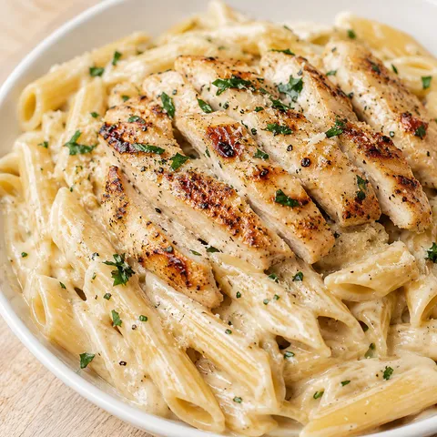Creamy chicken pasta with penne, parmesan, and parsley in a shallow bowl