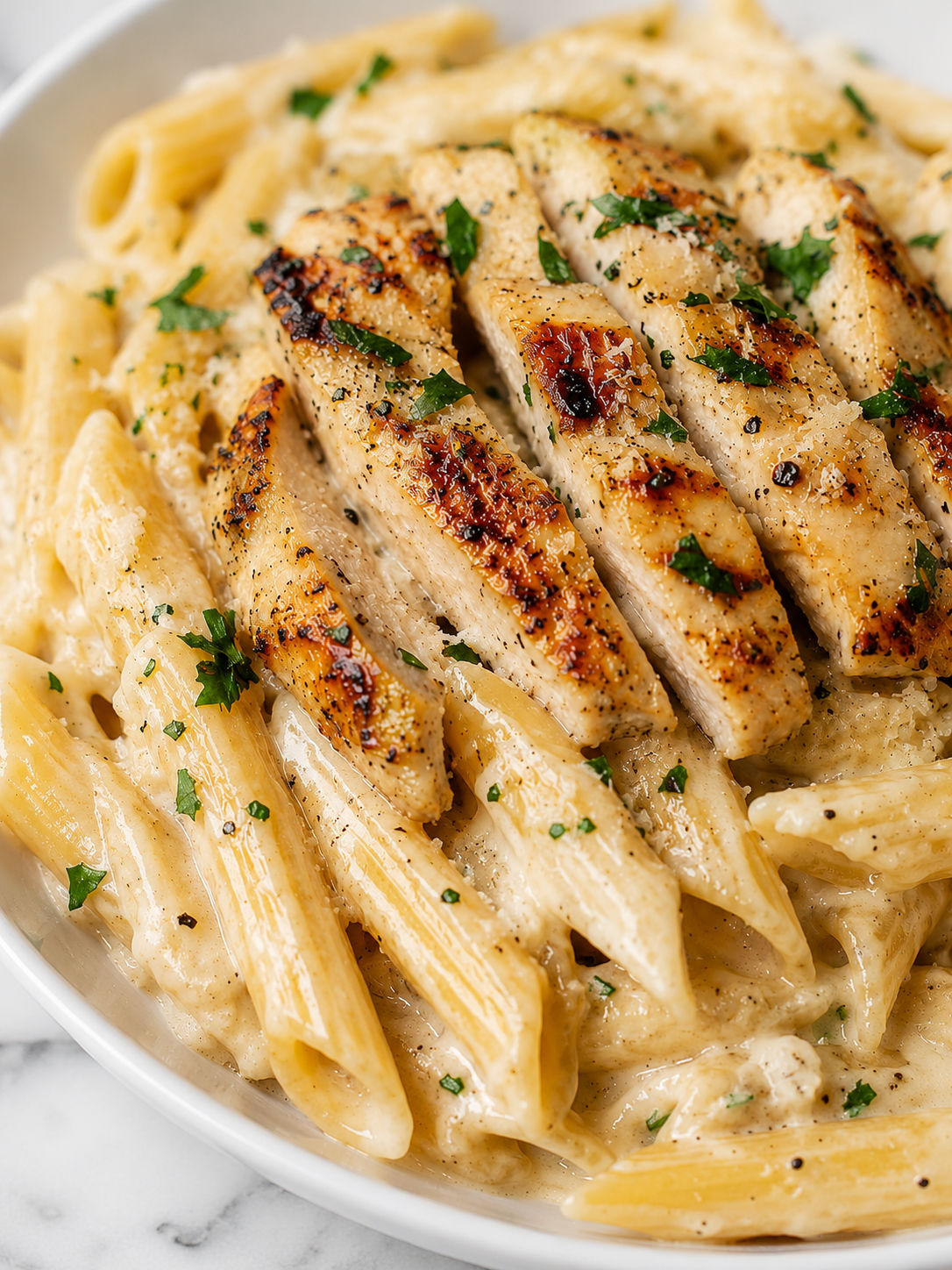 Creamy Chicken Pasta, plated and served
