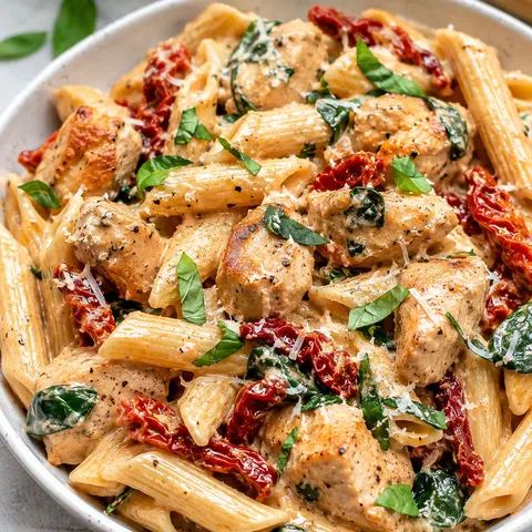 Creamy chicken pasta with sun-dried tomatoes, spinach, and basil