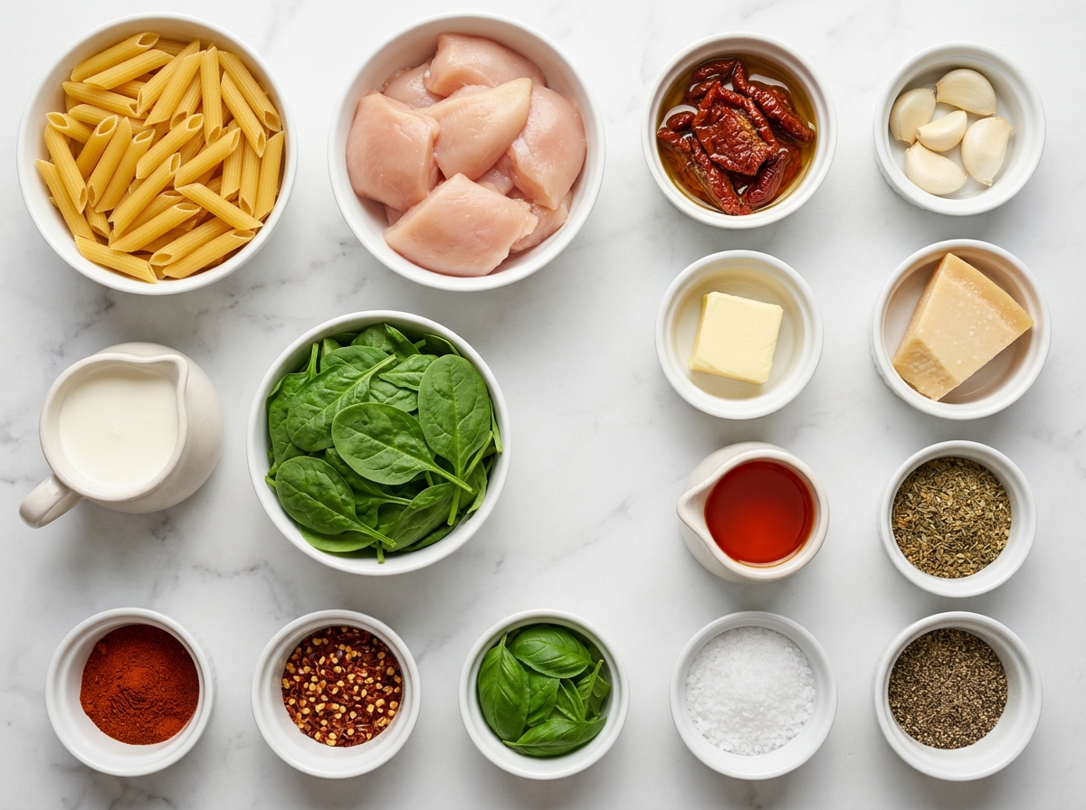 Ingredients for creamy chicken pasta with sun-dried tomatoes on a counter